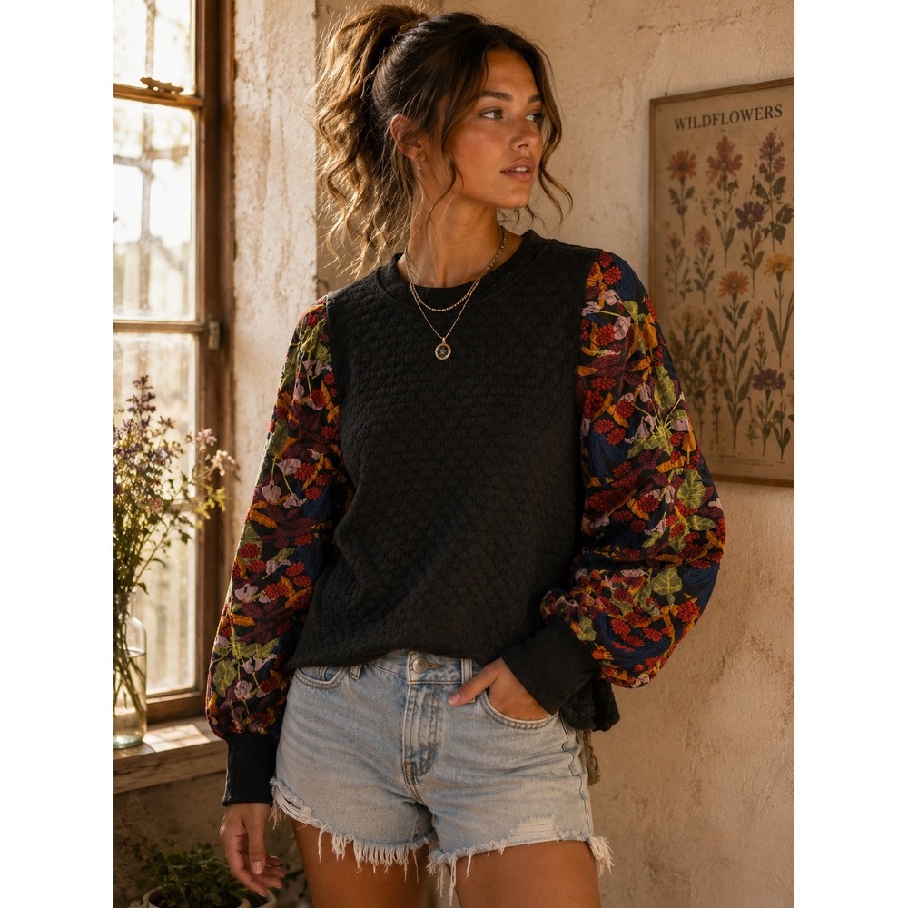 Fate Womens Black Quilted Mixed Media Sweatshirt Floral Puff Sleeve Small